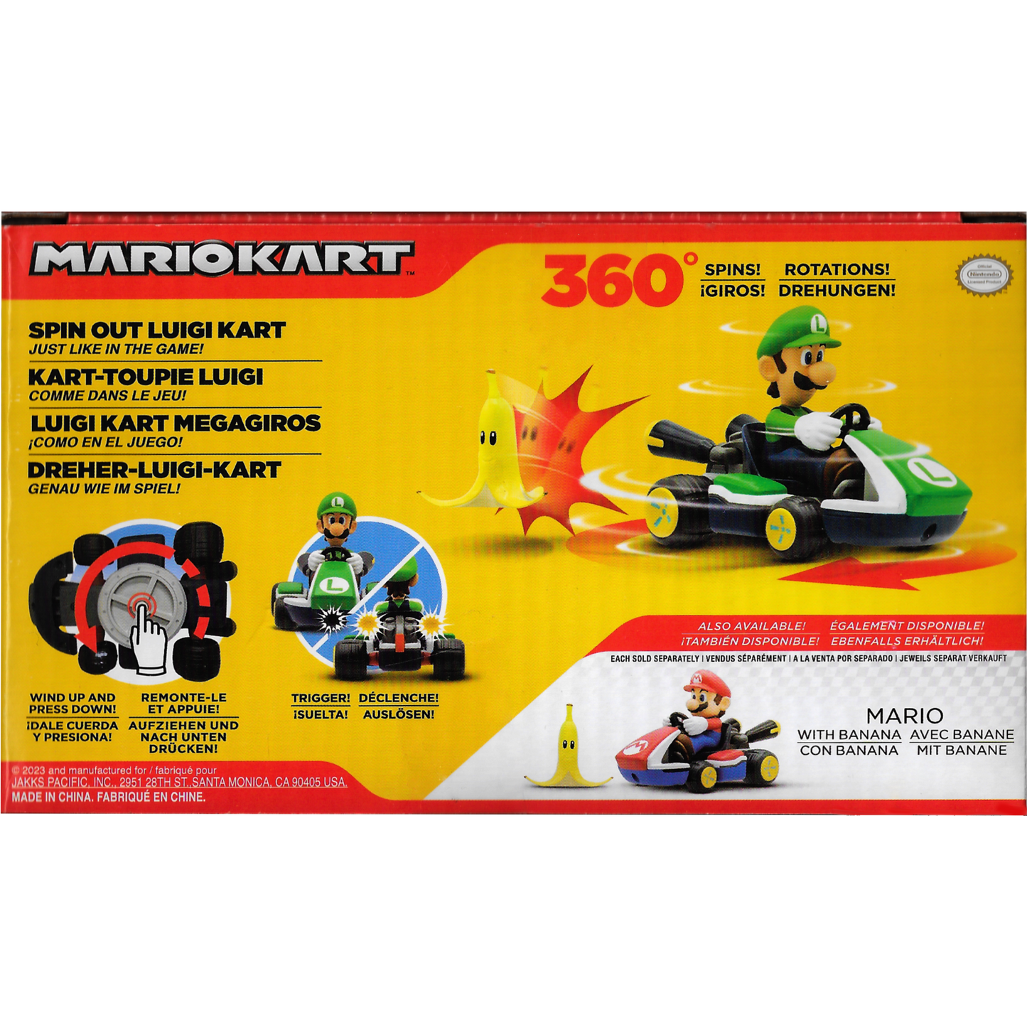 Mario Kart toy set packaging with characters and features on a yellow and red background