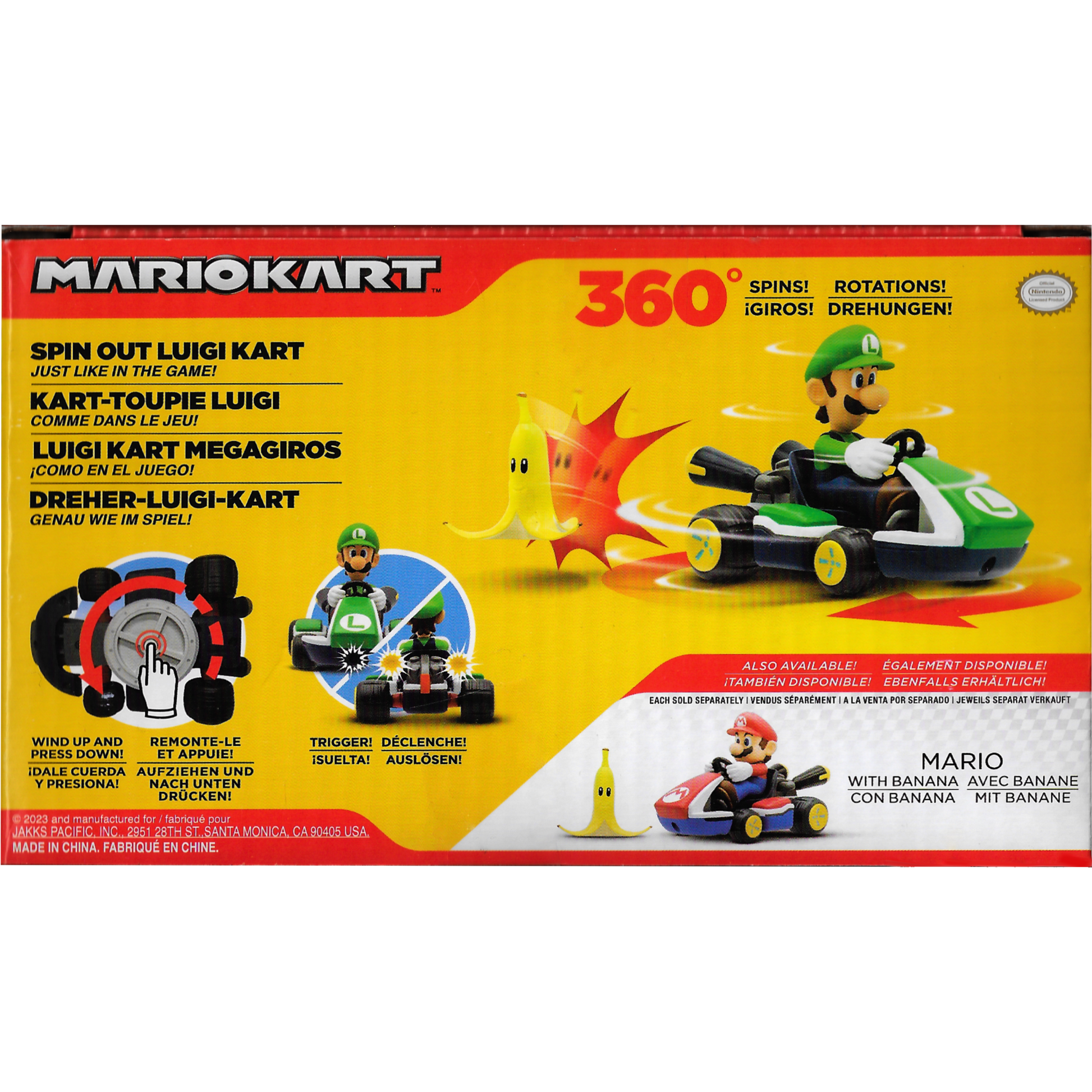 Mario Kart toy set packaging with characters and features on a yellow and red background