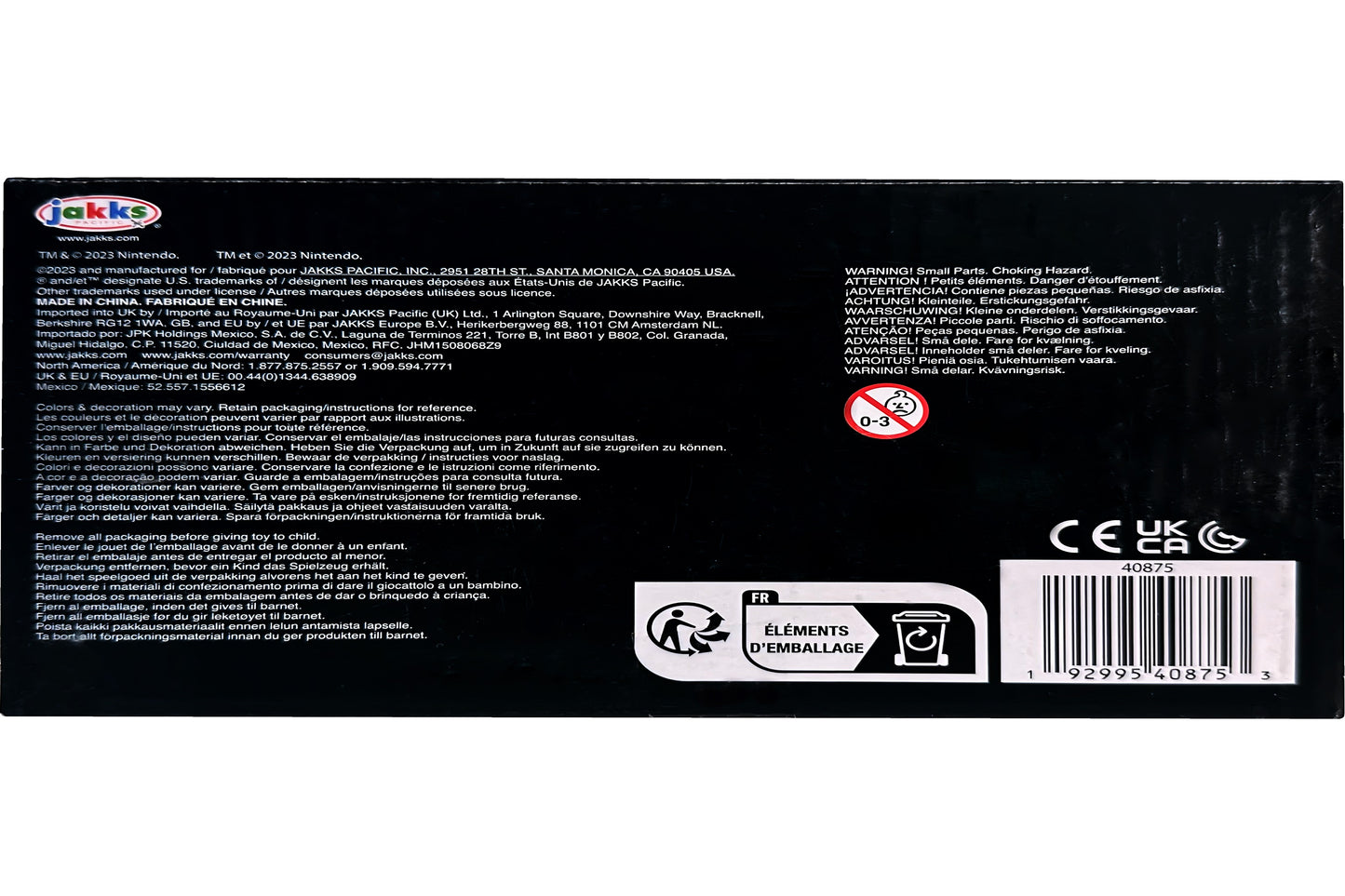 Back label of a product with text, logos, and symbols on a black background