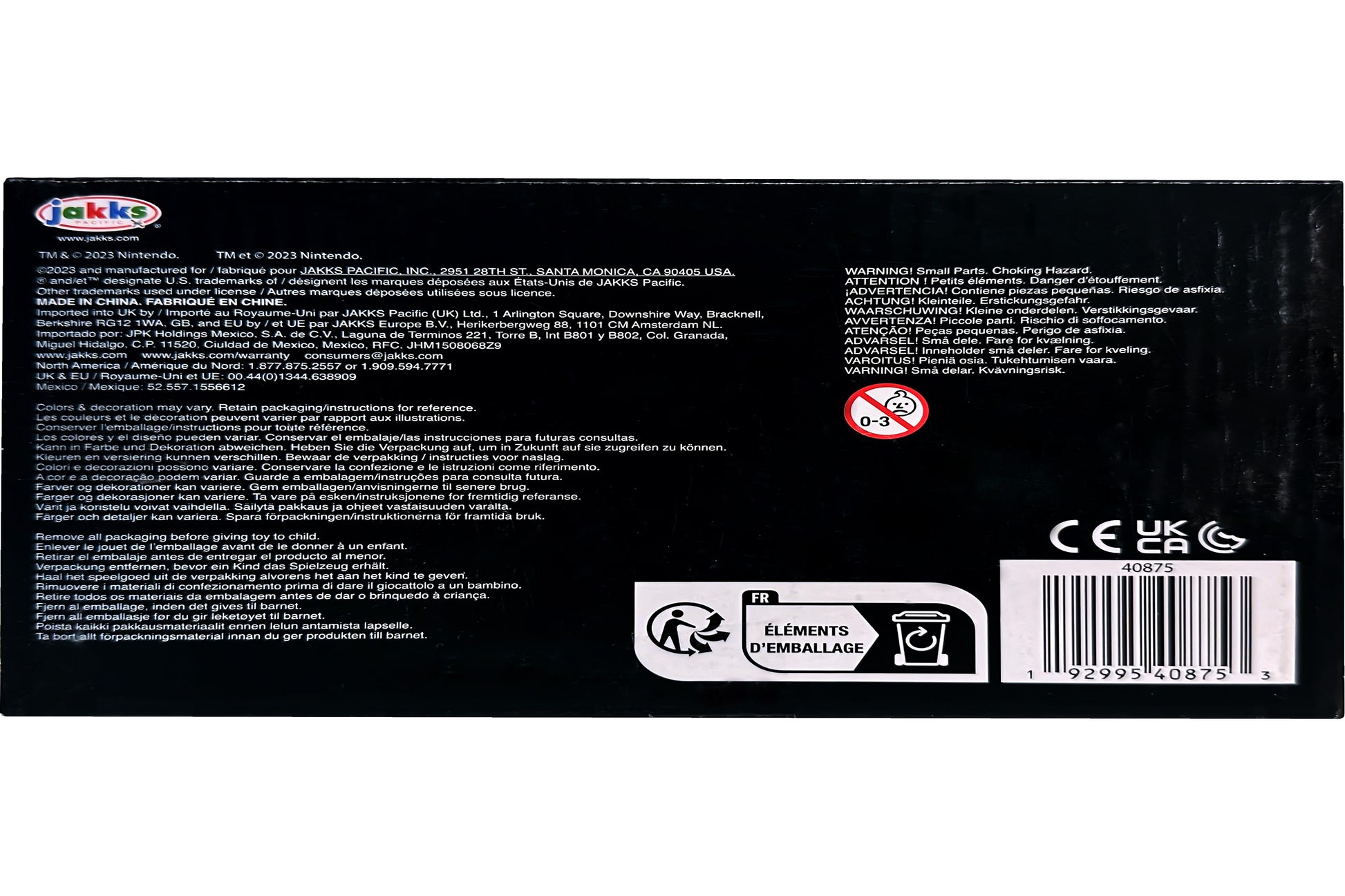 Back label of a product with text, logos, and symbols on a black background