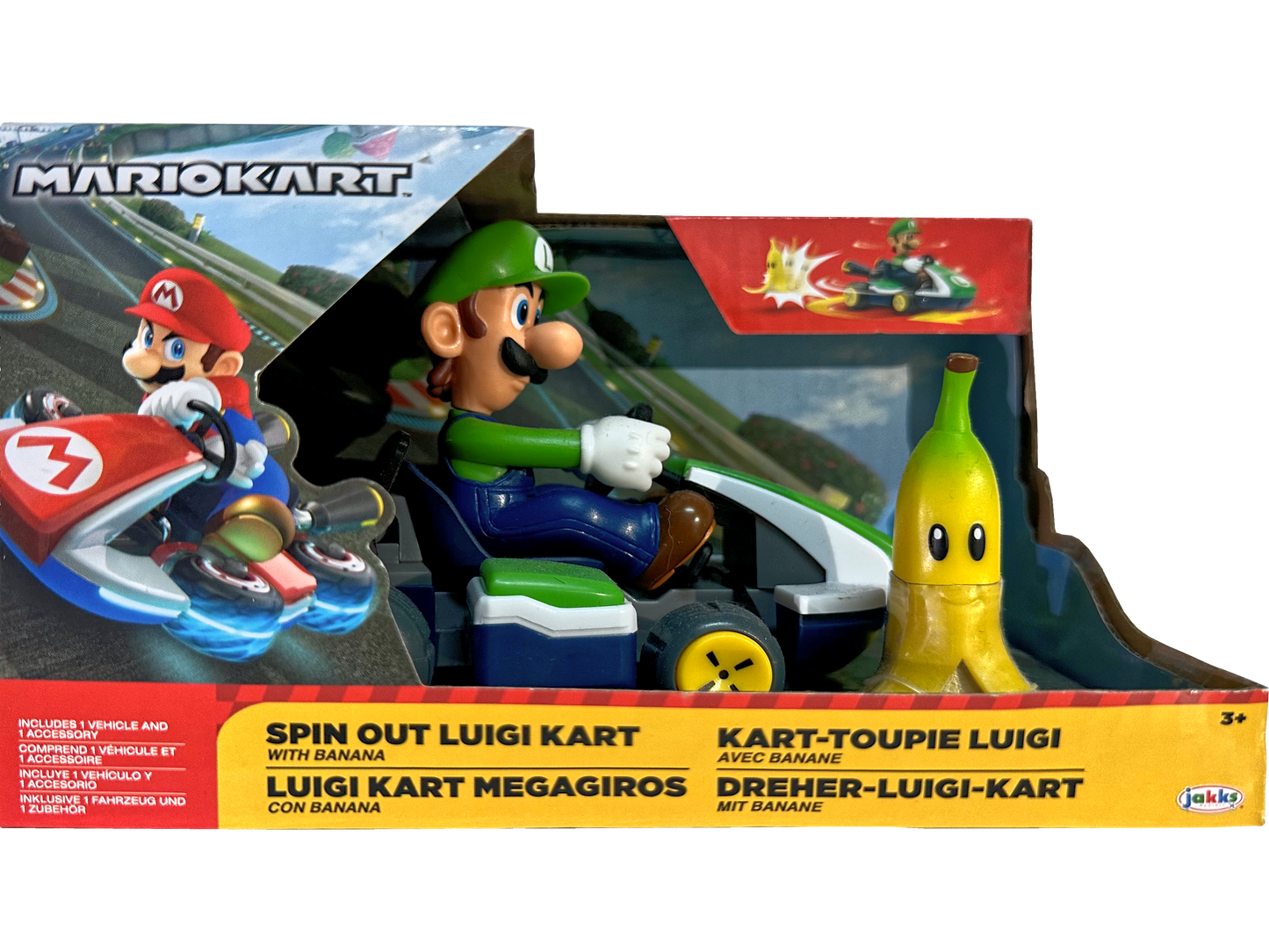 Toy Luigi kart with banana character in packaging, featuring Mario Kart branding.