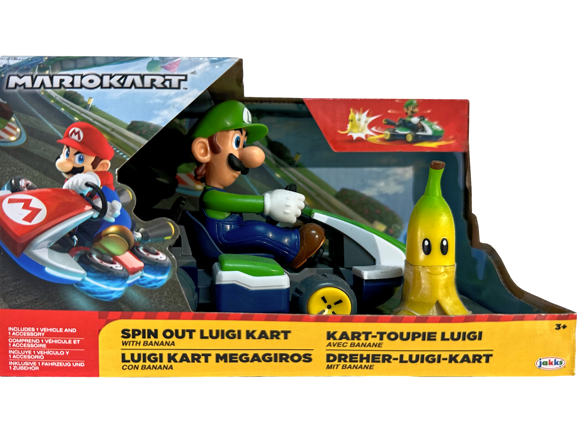Toy Luigi kart with banana character in packaging, featuring Mario Kart branding.