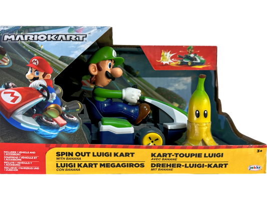 Toy Luigi kart with banana character in packaging, featuring Mario Kart branding.