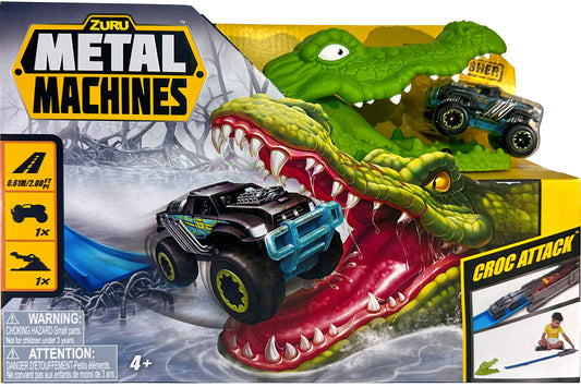 Toy set with crocodile and cars in packaging labeled 'Zuru Metal Machines Croc Attack'.